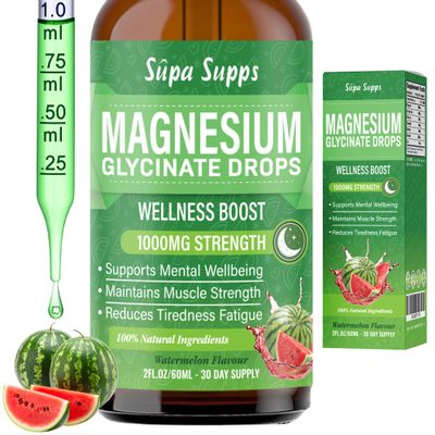 Magnesium Glycinate Liquid 60ml - Watermelon Flavour | Supa Supps Magnesium Glycinate 3-in-1 Complex | Fast Absorption | Premium Pure Formula, Easy-to-Take Supplement for Daily Balance- 1 Month Supply