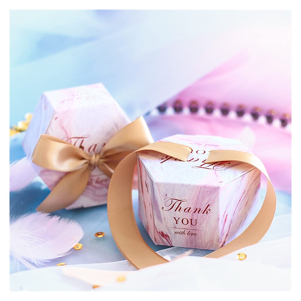Candy Box,Creative Romantic Marbled Candy Box Wedding Supplies And Pink Party Supplies Baby Shower Paper Sweet Chocolate (25/50/100 Pcs) (Color : Gold Ribbon, Size : 100pcs)
