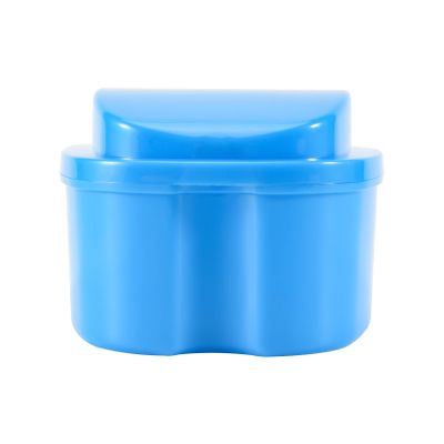 Yuuinnter Blue Denture Case, Denture Cup with Strainer, Denture Bath Box False Teeth Storage Box with Basket Net Container Holder for Travel