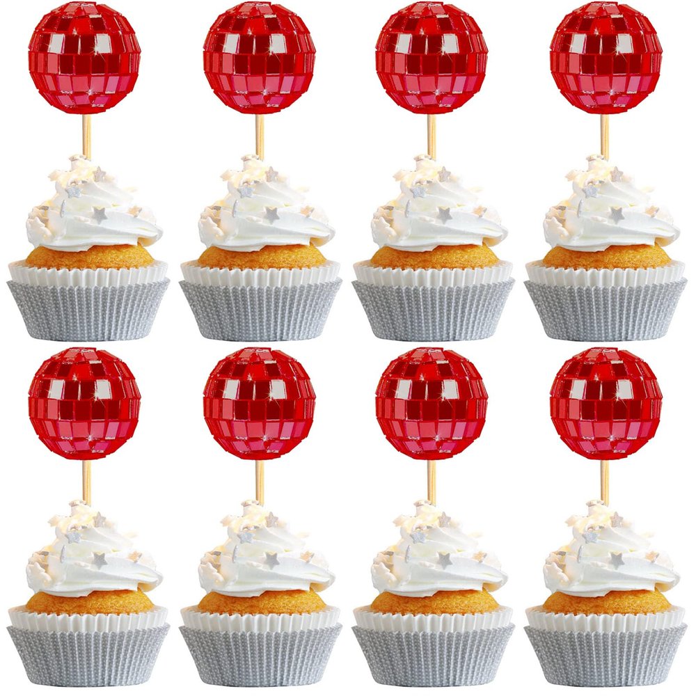 24 PCS Red Disco Ball Cupcake Toppers, Disco Ball Cupcake Picks, Mini Disco Ball Cake Toppers Disco Theme Cake Decorations for Disco Theme Party 70s Disco Party Decorations