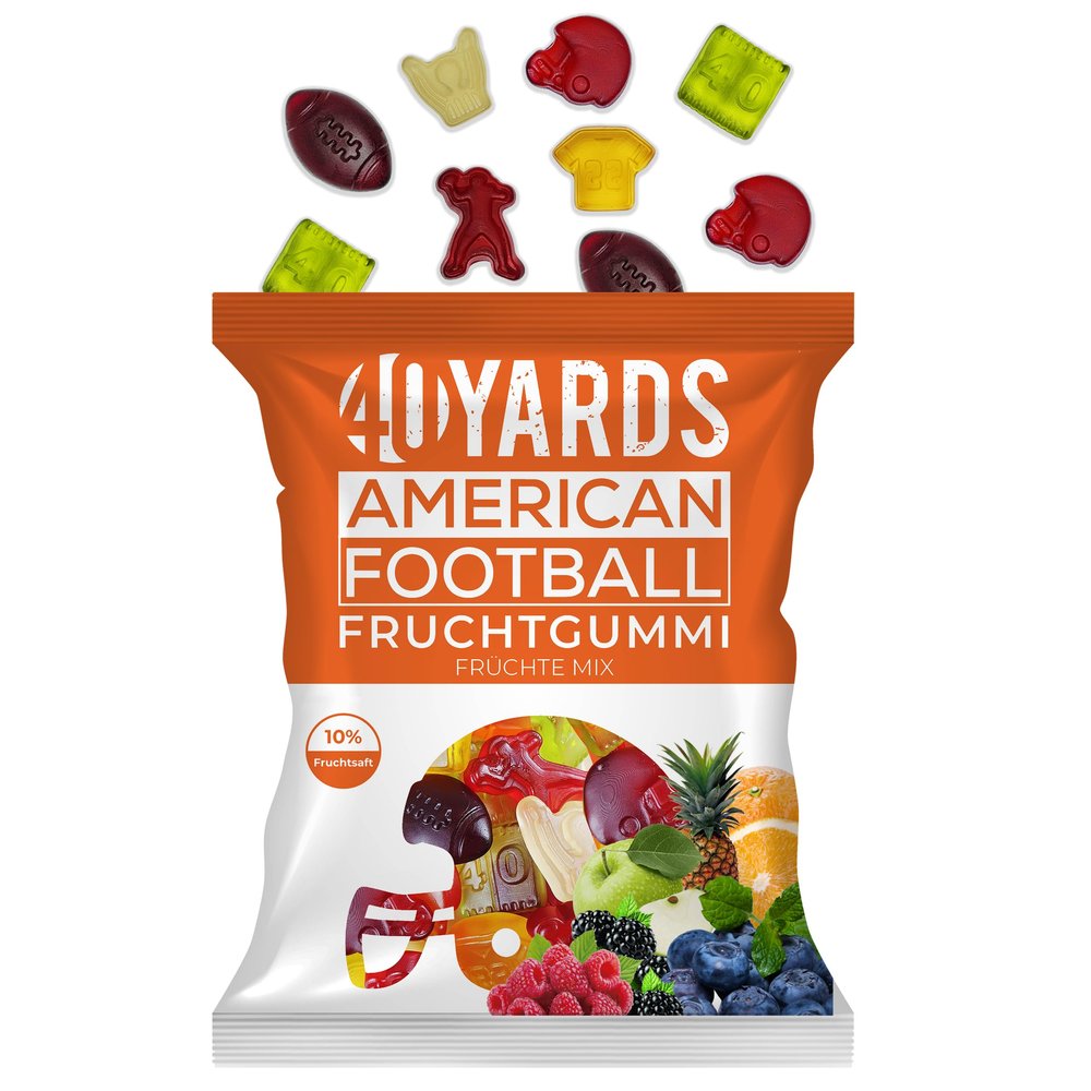 40YARDS American Football Gummy Bears Fruit Mix (175 g Bag) - Fruit Gum in Football Shape (Helmet, Football, Goal, Referee, Quarterback & Pitch) - New Recipe