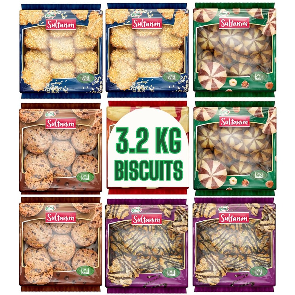 Halal Certified Biscuits - Sesame Biscuits, Seeds Kernels, Hazelnut Biscuits, Chocolate Cookies - Halal sweets (8x400g)