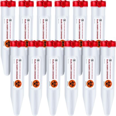 Fabbay 12 Pcs Travel Sharps Container Disposal Transportable Sharps with Locking Mechanism Needle Disposal Containers Small Sharps Container Single Use Transportable Container, 6.5 x 1.38 Inches