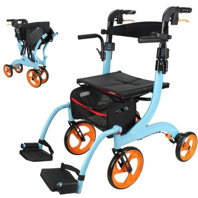 2024 New Rollator Walker with Seat Seniors, 2-in-1-Rollator-Walker-Wheelchair-Combo, Transport-Wheelchair-Lightweight-Foldable, 220lb Collapsible 4 Wheel Transport Chair w/Brake Footrest Pouch (Color