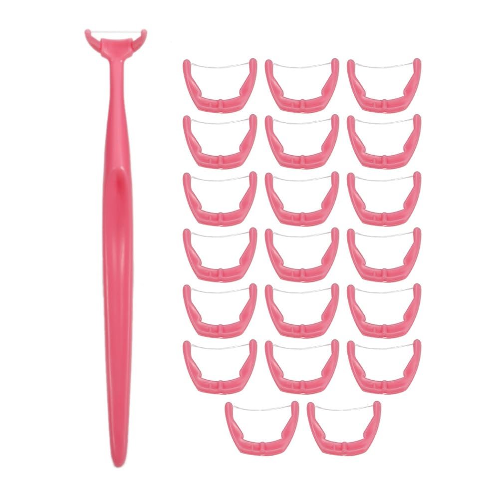 Dental Floss Clean Dental Flossers Kit, Kit of Handle Plus 20Pcs Refillable Disposable Flossers Heads, Suitable for Daily Care/Clean on Tooth (Pink)