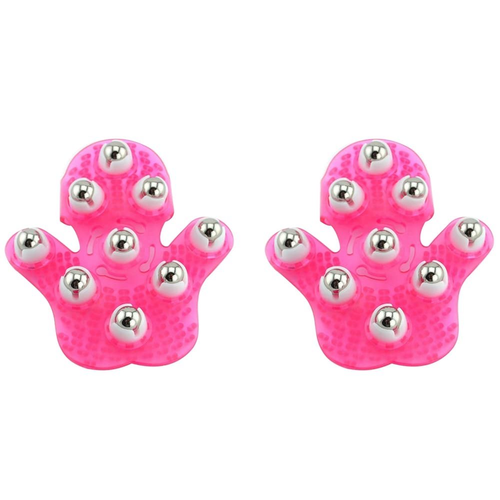 Oikabio 2X Palm Shaped Massage Glove Body Massager with 9 360-Degree-Roller Metal Roller Ball Beauty Body Care (Pink)