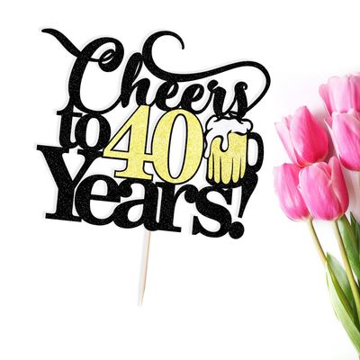 Sleyberoy Cheers to 40 years Cake topper-Glitter Happy 40th/fortyBirthday Cake Decor,Perfect for 40 Years Wedding Anniversary/Birthday Party Decor (40, Black gold)