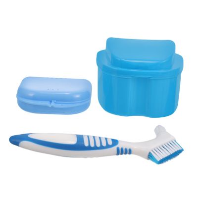 Anneome Denture Case and Brush Set Orthodontic Retainer Storage Box with Lid Leak-resistant Household Denture Holder Portable Travel Container for False Teeth Cleaning