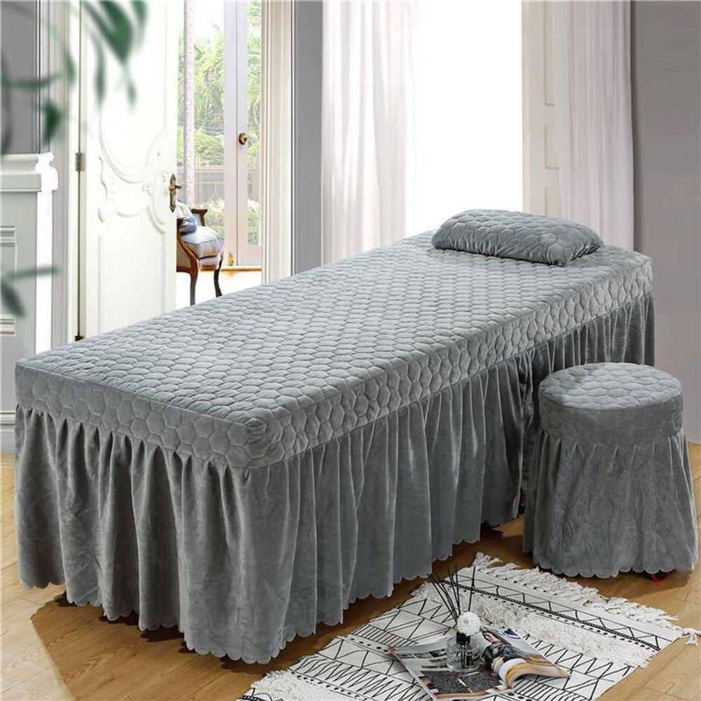 3-Pieces Microfiber Massage Table Sheets Set, Beauty SPA Massage Bed Cover, Quilted Table Skirt Sheet with Face Hole, Pillow Case, Stool Cover (Color : White, Size : 190x70cm(75x28inch)) (Gray 190x8