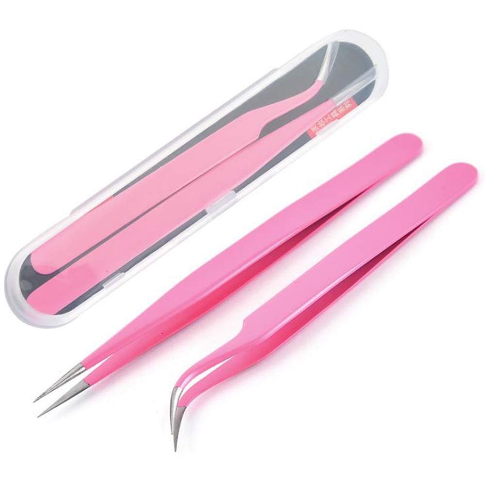 SCHNRR Lash Tweezers, Pack of 2 Stainless Steel Tweezers for Eyelash Extensions Straight and Curved Tip False Lash Tools Pink