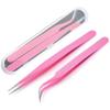 SCHNRR Lash Tweezers, Pack of 2 Stainless Steel Tweezers for Eyelash Extensions Straight and Curved Tip False Lash Tools Pink view 1