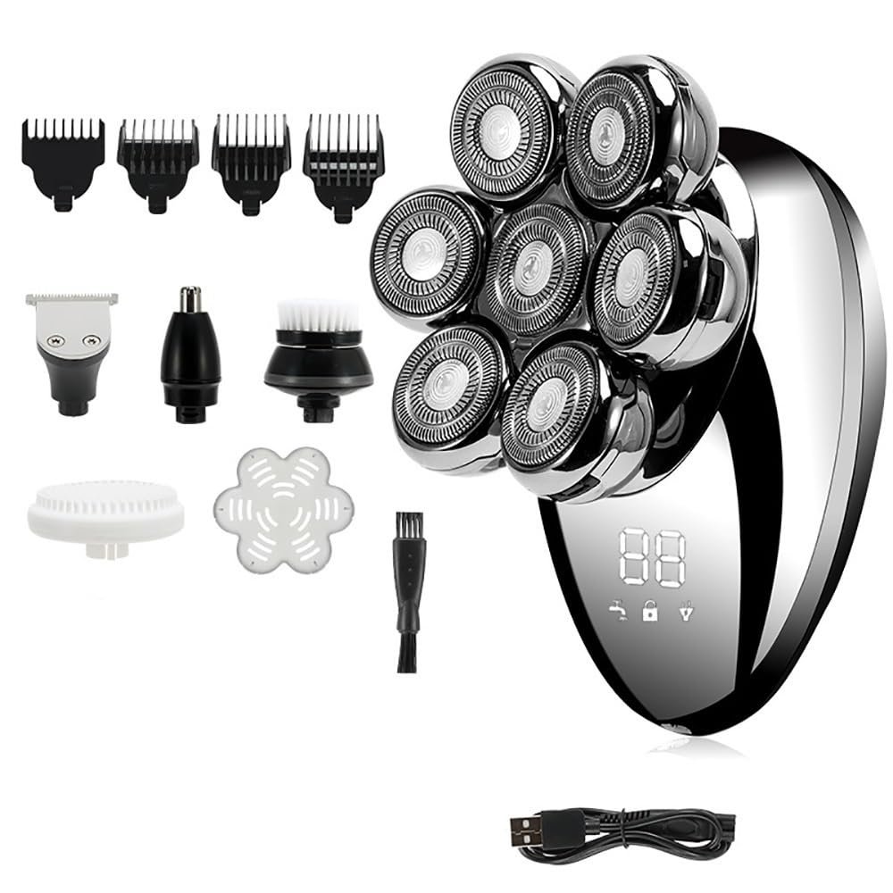 Electric Razor for Men, 5 in 1 Men 7D Floating Men Electric Shaver Wet Dry Beard Hair Trimmer Electric Razor Rechargeable Bald Head Shaving Machine LCD Display (Color : Silver)