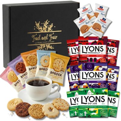 Fast and Fair UK Coffee Gift Set - Variety Selection of Lyons Coffee Bags Bundled with Border Biscuits and Indulgent Caramel Stroopwafels - 18 Items in Gold Embossed Gift Box