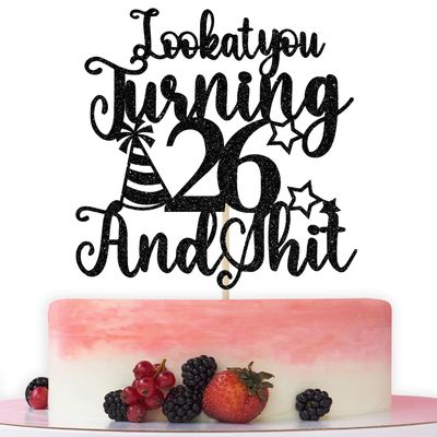 Happy 26th Birthday Cake Topper, 26th Birthday Cake Decor, Cheers to 26 Years, Hello 26, Funny 26th Birthday Party Decorations, Black Glitter