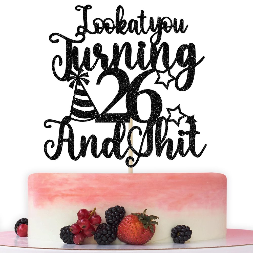 Happy 26th Birthday Cake Topper, 26th Birthday Cake Decor, Cheers to 26 Years, Hello 26, Funny 26th Birthday Party Decorations, Black Glitter