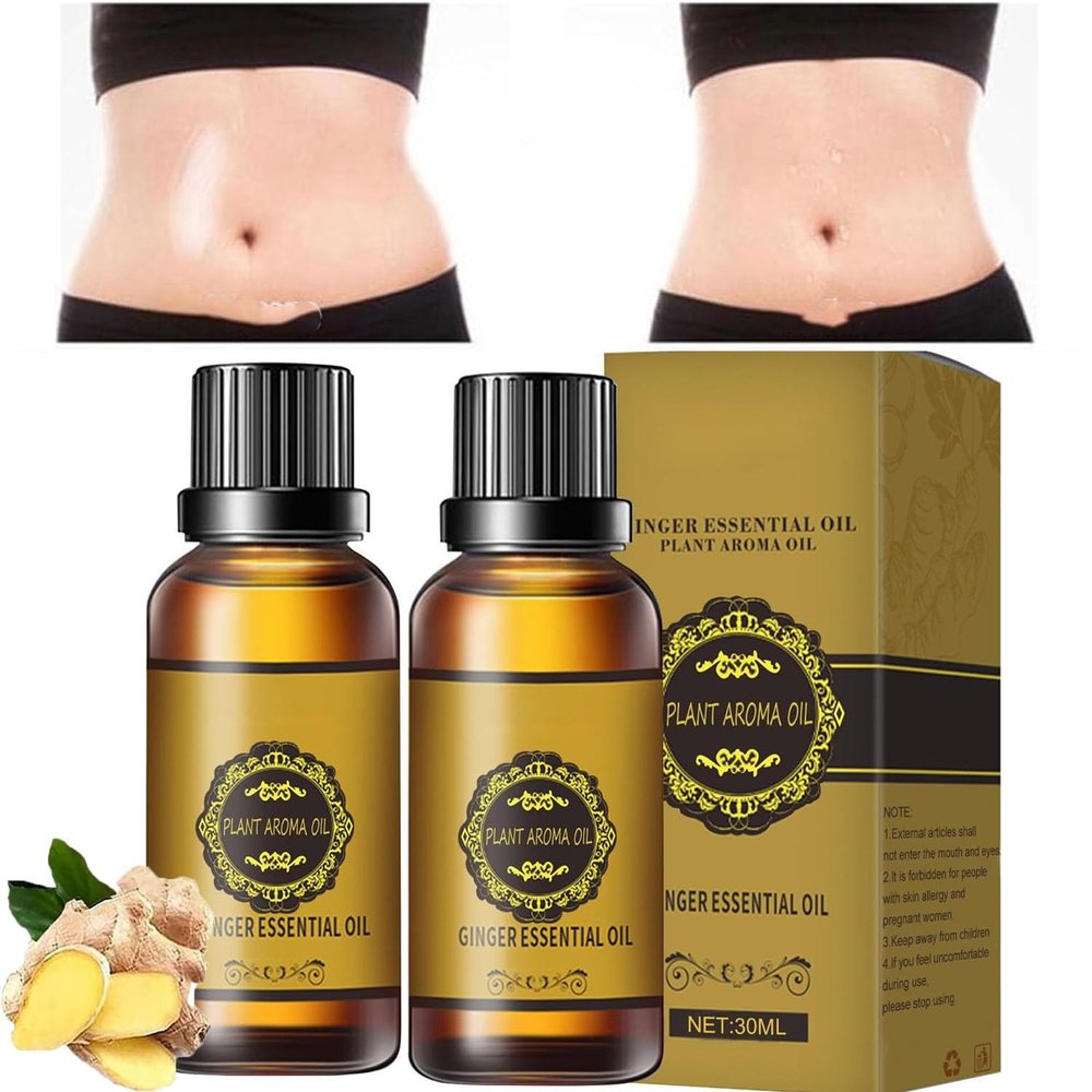Ginger Oil for Belly Drainage and Tummy Massage, Natural Lymphatic Drainage, Skin and Muscle Soreness Relief (2 Pcs)