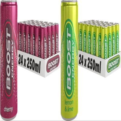 Boost Energy Drink, 250ml x 48 pack, (24 x Cherry & 24 x Lemon Lime) - Vegan Friendly Great Tasting Energy Boost, Only 50 kcals per can