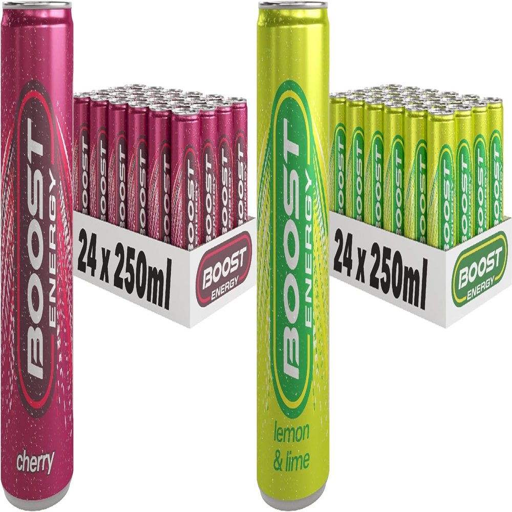 Boost Energy Drink, 250ml x 48 pack, (24 x Cherry & 24 x Lemon Lime) - Vegan Friendly Great Tasting Energy Boost, Only 50 kcals per can