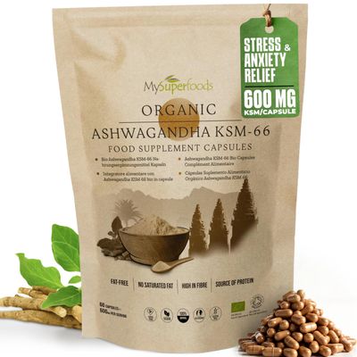 Ashwagandha KSM-66 Capsules | Max Strength 7200mg per Capsule | Up to 400% Higher Potency | Stress & Anxiety Relief, Improved Endurance & Better Sleep | Organic & Vegan | MySuperfoods