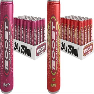 Boost Energy Drink, 250ml x 48 pack, (24 x Cherry & 24 x Red Berry) - Vegan Friendly Great Tasting Energy Boost, Only 50 kcals per can