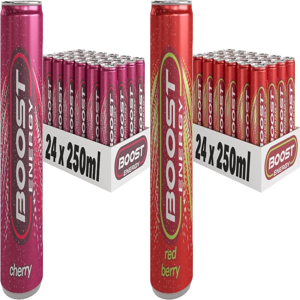 Boost Energy Drink, 250ml x 48 pack, (24 x Cherry & 24 x Red Berry) - Vegan Friendly Great Tasting Energy Boost, Only 50 kcals per can
