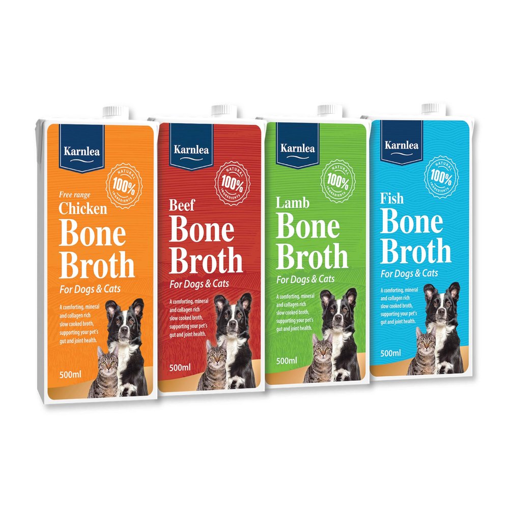 Karnlea Bone Broth Variety Pack - 4 x 500ml | 100% Real Chicken, Beef, Fish & Lamb Liquid Bone Broth for Cats & Dogs | High in Collagen & Protein for Healthy Joints, Gut, Digestion, Skin & Sickness