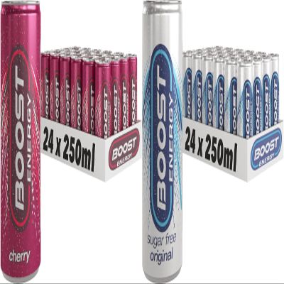 Boost Energy Drink, 250ml x 48 pack, (24 x Cherry & 24 x Original Sugar Free) - Vegan Friendly Great Tasting Energy Boost, Only 50 kcals per can