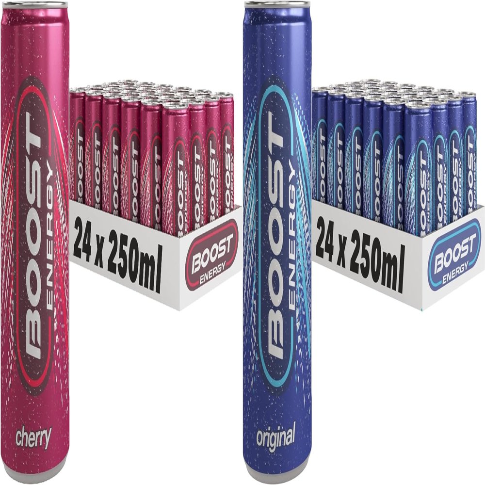 Boost Energy Drink, 250ml x 48 pack, (24 x Cherry & 24 x Original) - Vegan Friendly Great Tasting Energy Boost, Only 50 kcals per can