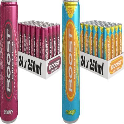 Boost Energy Drink, 250ml x 48 pack, (24 x Cherry & 24 x Mango) - Vegan Friendly Great Tasting Energy Boost, Only 50 kcals per can