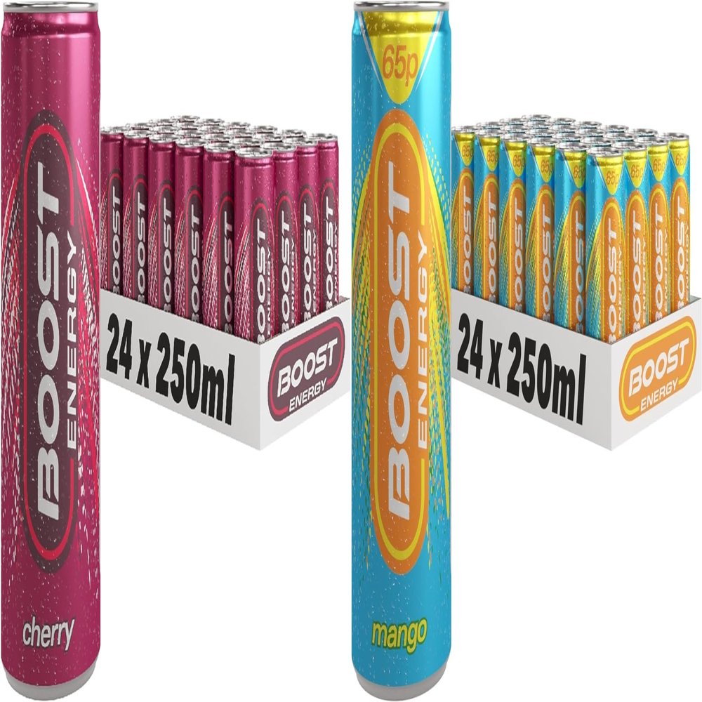 Boost Energy Drink, 250ml x 48 pack, (24 x Cherry & 24 x Mango) - Vegan Friendly Great Tasting Energy Boost, Only 50 kcals per can