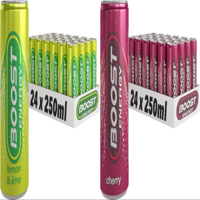 Boost Energy Drink, 250ml x 48 pack, (24 x Lemon Lime and 24 x Cherry) - Vegan Friendly Great Tasting Energy Boost, Only 50 kcals per can