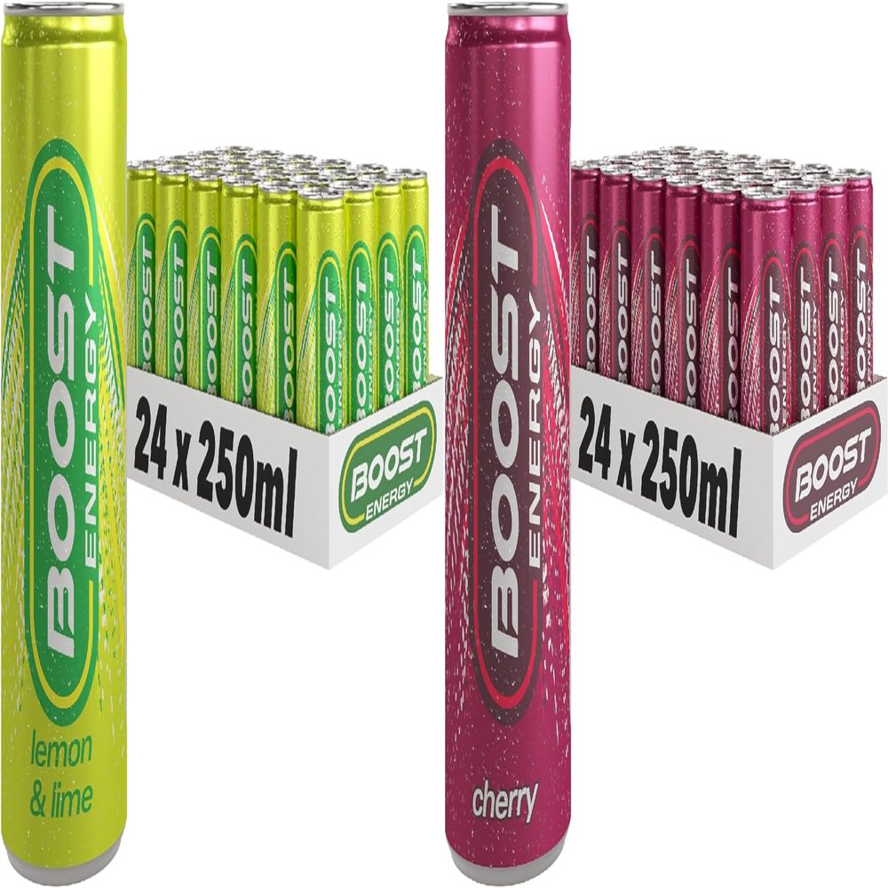Boost Energy Drink, 250ml x 48 pack, (24 x Lemon Lime and 24 x Cherry) - Vegan Friendly Great Tasting Energy Boost, Only 50 kcals per can