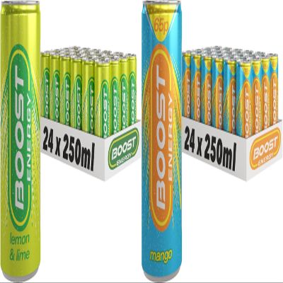 Boost Energy Drink, 250ml x 48 pack, (24 x Lemon Lime & 24 x Mango) - Vegan Friendly Great Tasting Energy Boost, Only 50 kcals per can