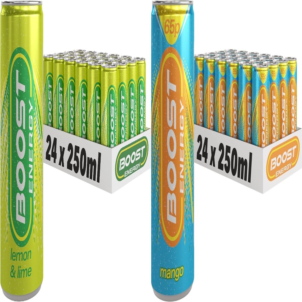 Boost Energy Drink, 250ml x 48 pack, (24 x Lemon Lime & 24 x Mango) - Vegan Friendly Great Tasting Energy Boost, Only 50 kcals per can