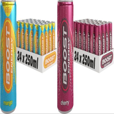 Boost Energy Drink, 250ml x 48 pack, (24 x Mango and 24 x Cherry) - Vegan Friendly Great Tasting Energy Boost, Only 50 kcals per can
