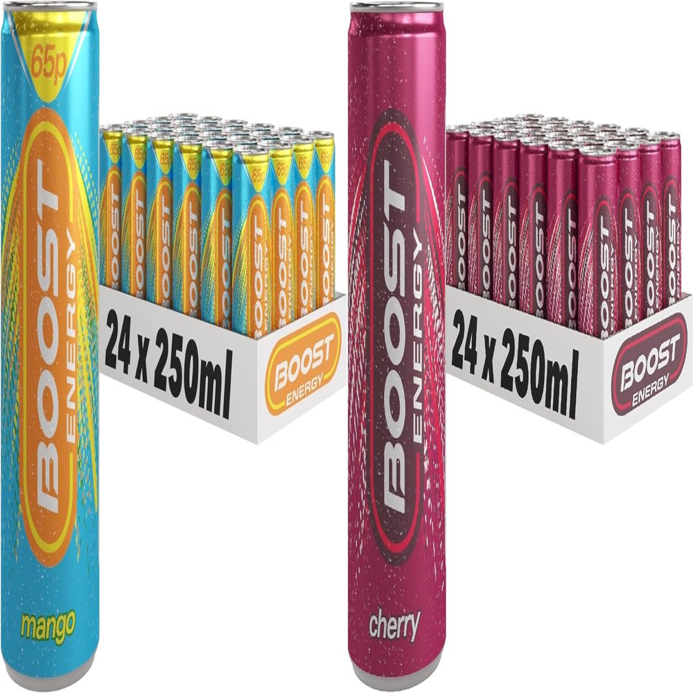 Boost Energy Drink, 250ml x 48 pack, (24 x Mango and 24 x Cherry) - Vegan Friendly Great Tasting Energy Boost, Only 50 kcals per can