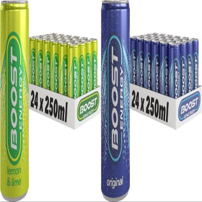 Boost Energy Drink, 250ml x 48 pack, (24 x Lemon Lime & 24 x Original) - Vegan Friendly Great Tasting Energy Boost, Only 50 kcals per can
