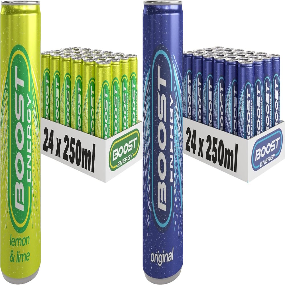 Boost Energy Drink, 250ml x 48 pack, (24 x Lemon Lime & 24 x Original) - Vegan Friendly Great Tasting Energy Boost, Only 50 kcals per can