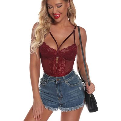 QIUXWJSX Women's Sexy Floral Lace Bodysuit with Deep V-Neck and Snap Crotch lace/A/M