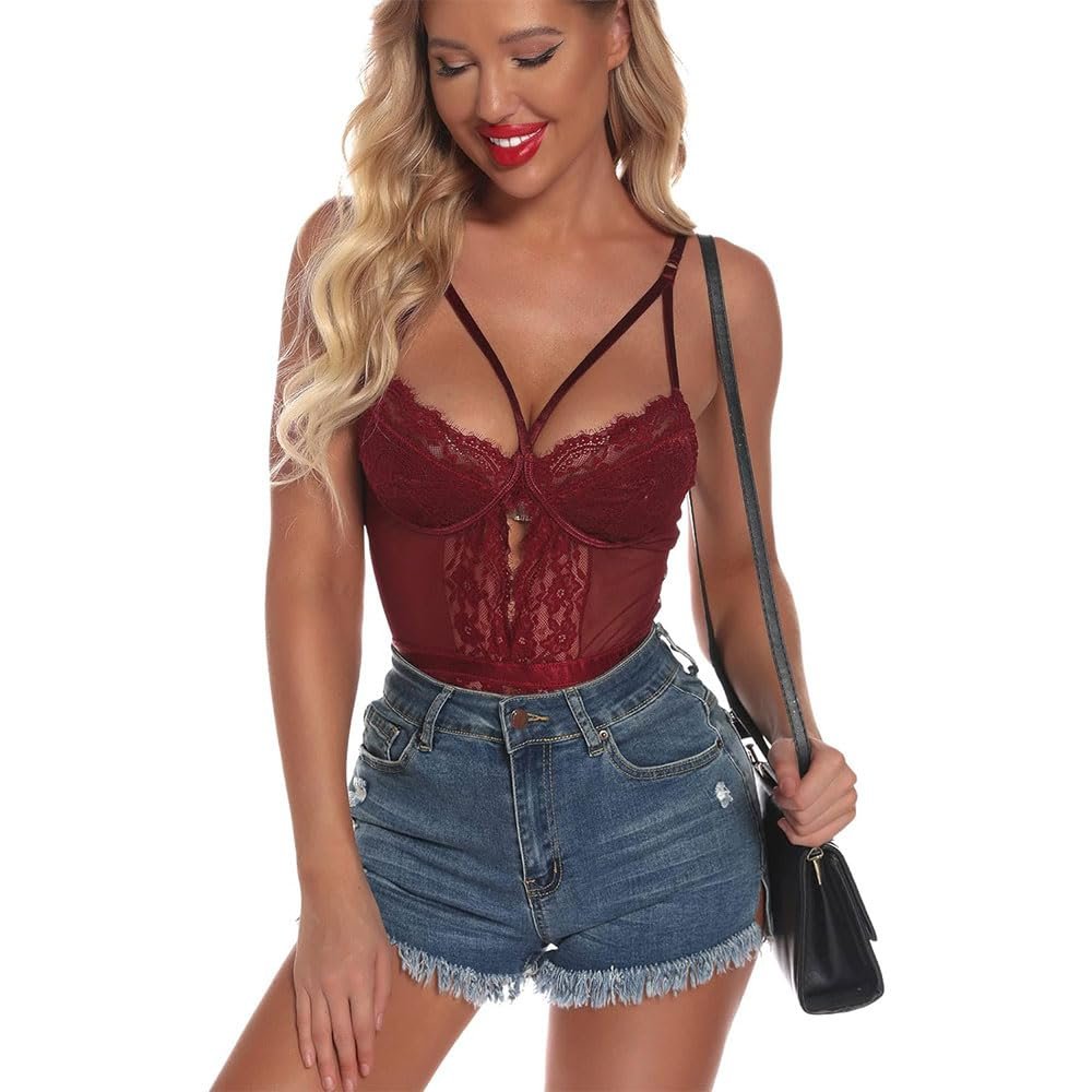 QIUXWJSX Women's Sexy Floral Lace Bodysuit with Deep V-Neck and Snap Crotch lace/A/M