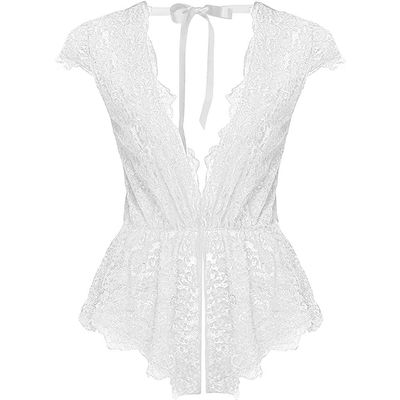 QIUXWJSX Women's Backless Bodysuit Sexy Lingerie Babydoll Nightie Lace Sleepwear Transparent/A/XXL