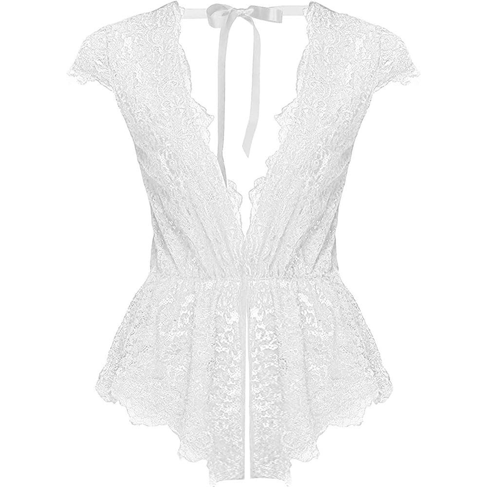 QIUXWJSX Women's Backless Bodysuit Sexy Lingerie Babydoll Nightie Lace Sleepwear Transparent/A/XXL