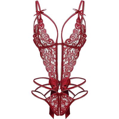 QIUXWJSX Women's Sexy Bodysuit Floral Lace Deep V-Neck Babydoll Open Back Lingerie Transparent Sleepwear Underwear lace/F/XXL