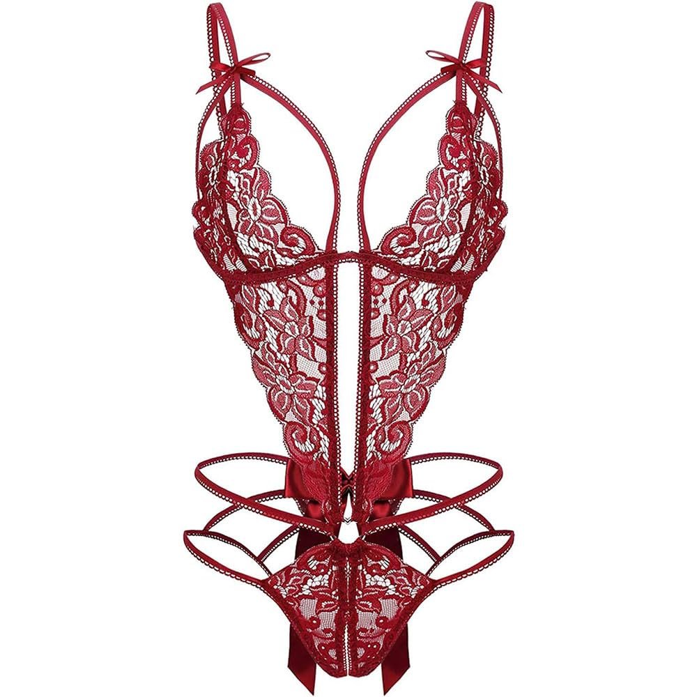 QIUXWJSX Women's Sexy Bodysuit Floral Lace Deep V-Neck Babydoll Open Back Lingerie Transparent Sleepwear Underwear lace/F/XXL