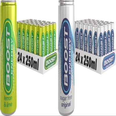 Boost Energy Drink, 250ml x 48 pack, (24 x Lemon Lime & 24 x Original Sugar Free) - Vegan Friendly Great Tasting Energy Boost, Only 50 kcals per can