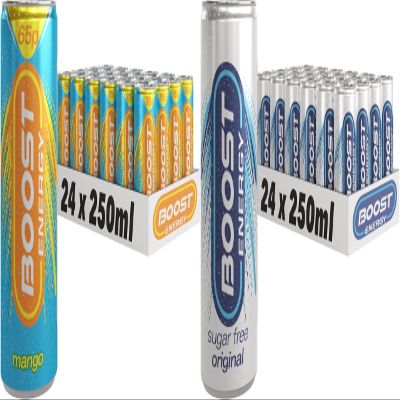 Boost Energy Drink, 250ml x 48 pack, (24 x Mango and 24 x Original Sugar Free) - Vegan Friendly Great Tasting Energy Boost, Only 50 kcals per can