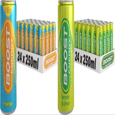 Boost Energy Drink, 250ml x 48 pack, (24 x Mango and 24 x Lemon Lime) - Vegan Friendly Great Tasting Energy Boost, Only 50 kcals per can