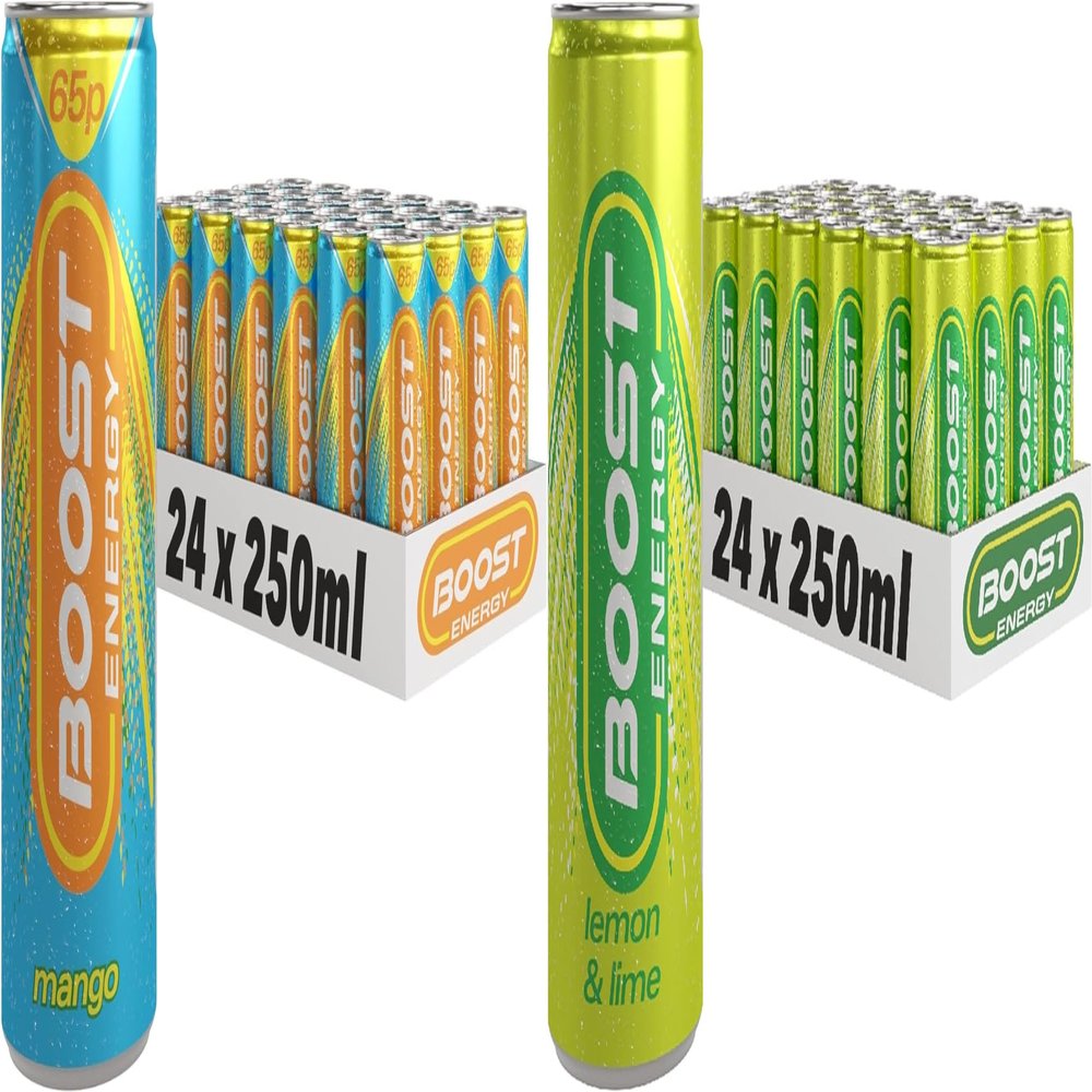 Boost Energy Drink, 250ml x 48 pack, (24 x Mango and 24 x Lemon Lime) - Vegan Friendly Great Tasting Energy Boost, Only 50 kcals per can