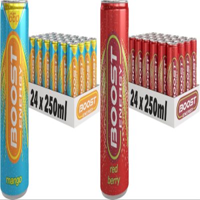 Boost Energy Drink, 250ml x 48 pack, (24 x Mango & 24 x Red Berry) - Vegan Friendly Great Tasting Energy Boost, Only 50 kcals per can