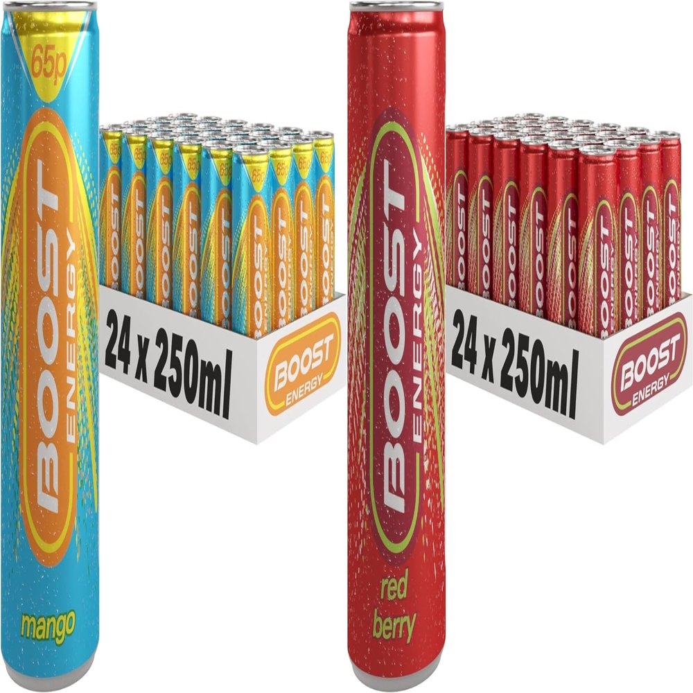 Boost Energy Drink, 250ml x 48 pack, (24 x Mango & 24 x Red Berry) - Vegan Friendly Great Tasting Energy Boost, Only 50 kcals per can